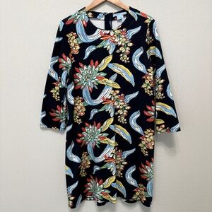 Draper James Navy Tropical Floral Dress with Three-quarter Sleeves, XL